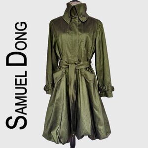 Samuel Dong Bubble Trench Coat Military Hunter Green Metallic Sz M Quiet Luxury